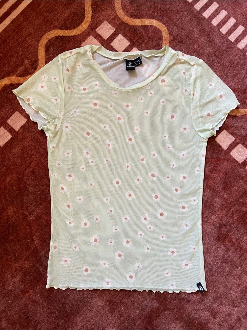 Volcom Daisy Print Sheer Lettuce Trim Skater Top